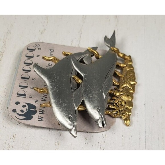 Vintage JJ Jonette Two Playful Dophins Swimming in Seaweed Brooch Pin - Picture 6 of 10